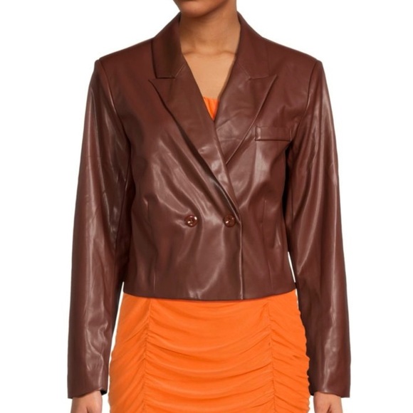 New Area Stars Faux Leather Double Breasted Cropped Jacket Brown Size Large - Picture 3 of 16